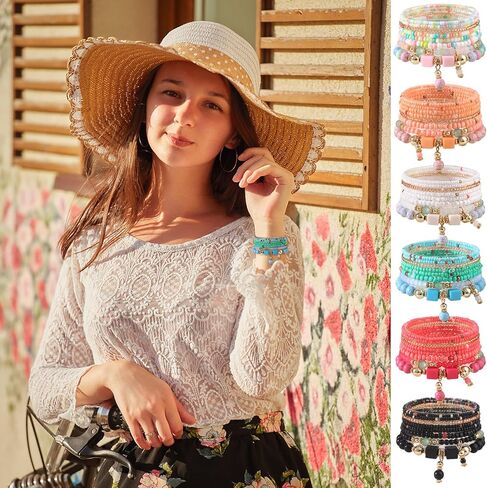 6 Sets Bohemian Bracelet Sets for Women | Beaded Bracelets for Women | Stackable Stretch Boho Bracelets for Women | Multi-color Bracelets Dainty Jewelry Gifts in Kuwait