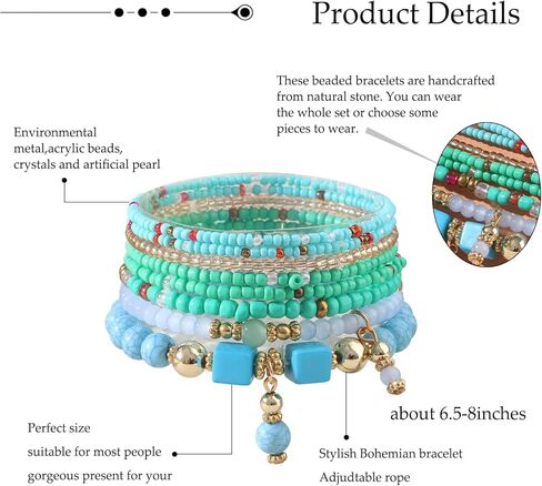 6 Sets Bohemian Bracelet Sets for Women | Beaded Bracelets for Women | Stackable Stretch Boho Bracelets for Women | Multi-color Bracelets Dainty Jewelry Gifts in Kuwait