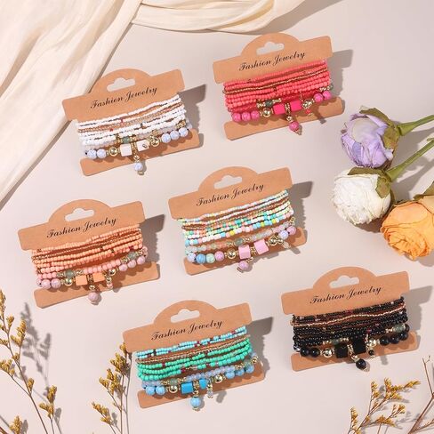 6 Sets Bohemian Bracelet Sets for Women | Beaded Bracelets for Women | Stackable Stretch Boho Bracelets for Women | Multi-color Bracelets Dainty Jewelry Gifts in Kuwait