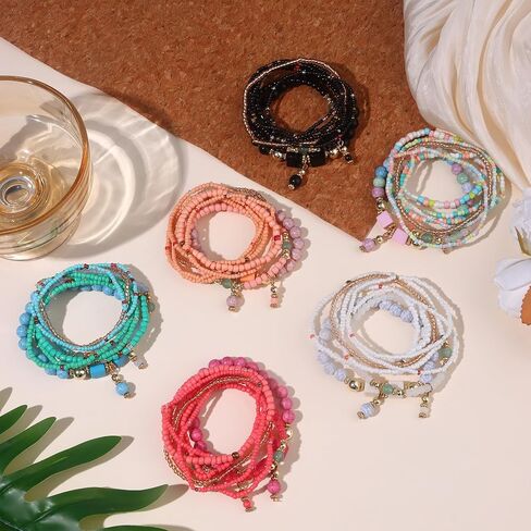6 Sets Bohemian Bracelet Sets for Women | Beaded Bracelets for Women | Stackable Stretch Boho Bracelets for Women | Multi-color Bracelets Dainty Jewelry Gifts in Kuwait