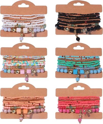 6 Sets Bohemian Bracelet Sets for Women | Beaded Bracelets for Women | Stackable Stretch Boho Bracelets for Women | Multi-color Bracelets Dainty Jewelry Gifts in Kuwait