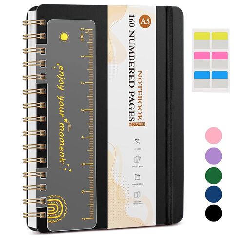 Lined Spiral Notebook Journal, 160 Numbered Pages A5 College Ruled Notebook, Spiral Journals for Women Men, 100GSM Paper, Plastic Hardcover Spiral Bound Notebooks for Work School 5.75'' X 8.38'' Black in Saudi Arabia