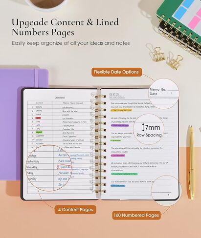 Lined Spiral Notebook Journal, 160 Numbered Pages A5 College Ruled Notebook, Spiral Journals for Women Men, 100GSM Paper, Plastic Hardcover Spiral Bound Notebooks for Work School 5.75'' X 8.38'' Black in Saudi Arabia