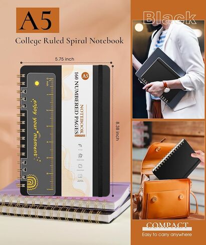 Lined Spiral Notebook Journal, 160 Numbered Pages A5 College Ruled Notebook, Spiral Journals for Women Men, 100GSM Paper, Plastic Hardcover Spiral Bound Notebooks for Work School 5.75'' X 8.38'' Black in Saudi Arabia
