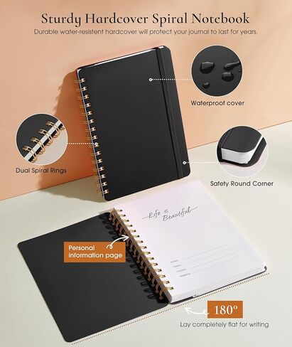 Lined Spiral Notebook Journal, 160 Numbered Pages A5 College Ruled Notebook, Spiral Journals for Women Men, 100GSM Paper, Plastic Hardcover Spiral Bound Notebooks for Work School 5.75'' X 8.38'' Black in Saudi Arabia