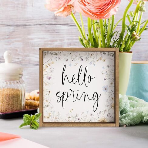 11.8" Hello Spring Sign, Wooden Spring Wildflower Wall Art Table Top Shelf Desk Mantel House Decor Indoor, Wood March Seasonal Bathroom Kitchen Room Office Rustic Farmhouse Home Decorations in Kuwait