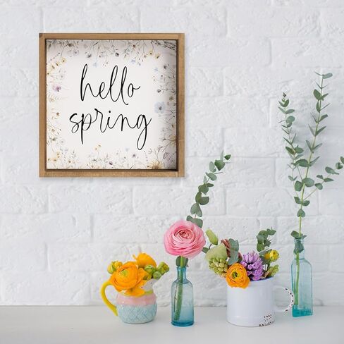 11.8" Hello Spring Sign, Wooden Spring Wildflower Wall Art Table Top Shelf Desk Mantel House Decor Indoor, Wood March Seasonal Bathroom Kitchen Room Office Rustic Farmhouse Home Decorations in Kuwait