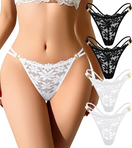 G-String Thongs for Women Sexy Thongs Lace T Back Tangas Underwear Hollow Out Low Rise No Show Panties 4 Pack in Saudi Arabia