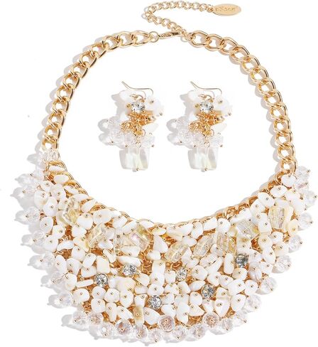 Bocar Bohemian Gravel Beads Bib Necklace and Earrings Set for Women, Handmade Chunky Statement Jewelry for Beach Vacation, Party, Wedding in Saudi Arabia