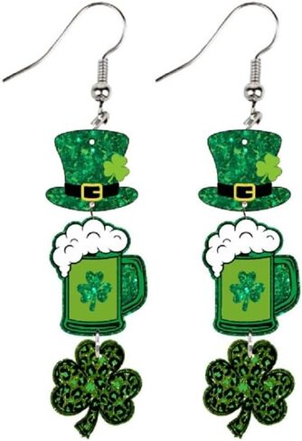 St. Patrick's Day Irish Shamrock Earrings Glitter Green Clover Hat Beer Acrylic Drop Earrings Funny Lifelike Cucumber Gnome Resin Hook Earring Holiday Party Jewelry in Kuwait