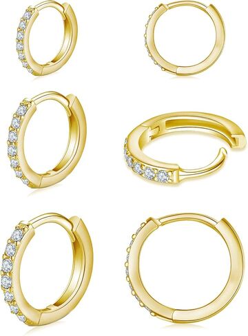 4 Pairs 925 Sterling Silver Small Hoop Earrings, 14K White Gold Plated Cubic Zirconia Huggie Earrings, Ear Cuff Tiny Cartilage Hoop Earrings for Women Men 6mm 8mm 10mm 12mm in Saudi Arabia