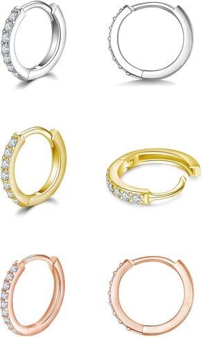 4 Pairs 925 Sterling Silver Small Hoop Earrings, 14K White Gold Plated Cubic Zirconia Huggie Earrings, Ear Cuff Tiny Cartilage Hoop Earrings for Women Men 6mm 8mm 10mm 12mm in Saudi Arabia