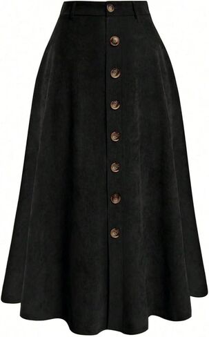 Women's Black Suede-Like Single-Button High-Waisted A-Line Midi Skirt - Retro Elegant Casual Daily Office Long Skirt in Saudi Arabia