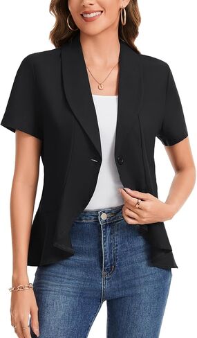 Cotton Linen Blazers for Women Shawl Lapel High Low Hem Short Sleeve Blazer One Button Front Work Office Jackets in Saudi Arabia
