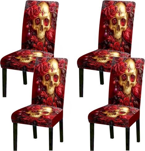 Stretch Dining Chair Covers Set of 4 Red Gold Skull Rose Pattern Washable Removable Elastic Chair Slipcovers for Dining Room Kitchen Hotel Banquet Home Decor Seat Protectors in Saudi Arabia