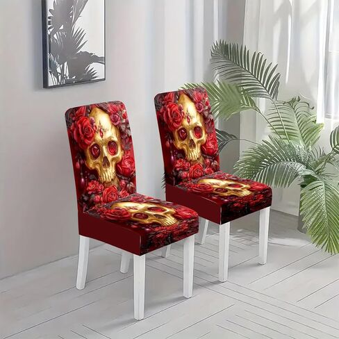 Stretch Dining Chair Covers Set of 4 Red Gold Skull Rose Pattern Washable Removable Elastic Chair Slipcovers for Dining Room Kitchen Hotel Banquet Home Decor Seat Protectors in Saudi Arabia