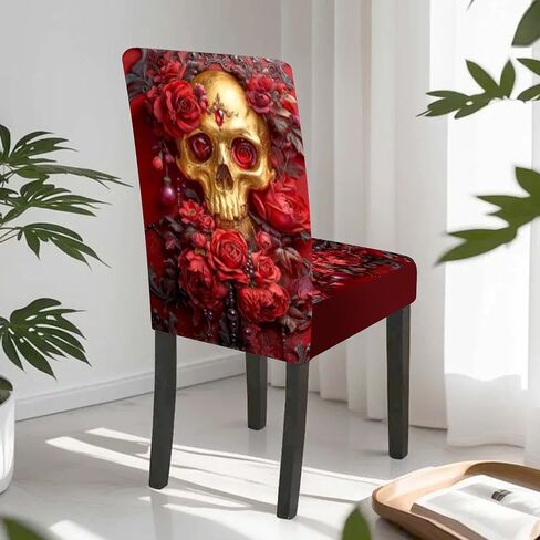 Stretch Dining Chair Covers Set of 4 Red Gold Skull Rose Pattern Washable Removable Elastic Chair Slipcovers for Dining Room Kitchen Hotel Banquet Home Decor Seat Protectors in Saudi Arabia