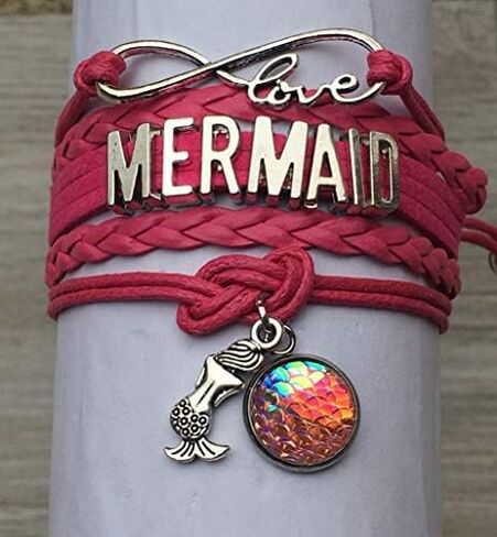 Mermaid Bracelet, Pink Braided Infinity Mermaid Jewelry with Tail Charm and Scale Medallion- Cute Mermaid Bracelet Gift in Saudi Arabia