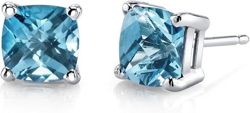 Peora 14K White Gold Swiss Blue Topaz Earrings for Women, Genuine Gemstone Solitaire Studs, Cushion Cut 6mm, 2.25 Carats total, Friction Back, Blue Earrings, December Birthstone Earrings in Saudi Arabia