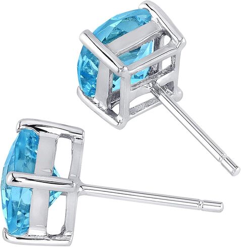Peora 14K White Gold Swiss Blue Topaz Earrings for Women, Genuine Gemstone Solitaire Studs, Cushion Cut 6mm, 2.25 Carats total, Friction Back, Blue Earrings, December Birthstone Earrings in Saudi Arabia