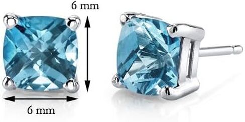Peora 14K White Gold Swiss Blue Topaz Earrings for Women, Genuine Gemstone Solitaire Studs, Cushion Cut 6mm, 2.25 Carats total, Friction Back, Blue Earrings, December Birthstone Earrings in Saudi Arabia