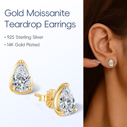 2 قيراط مويسانيتي على شكل دمعة/أقراط كمثرى للنساء، مطلية بالذهب عيار 14 قيراط 925 من الفضة الاسترليني، لا تسبب الحساسية، أقراط مويسانيتي كلاسيكية بسيطة، أقراط يومية رائعة هدية مجوهرات in Kuwait