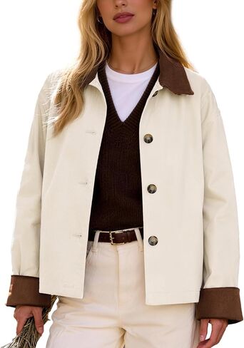 Flygo Womens Casual Jackets Cropped Trench Coat Contrast Collar Button Down Loose 2026 Spring Fall Jacket in Saudi Arabia