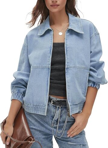 Kedera Womens Denim Jackets Long Sleeve Zip Up Elastic Hem Classic Loose Jean Bomber Jacket Coat Outfit in Saudi Arabia