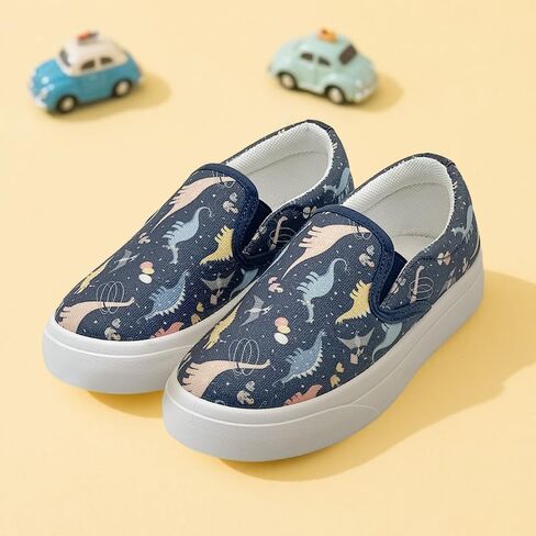 Toddler Kids Sneakers for Boys Girls Slip On Canvas Shoes Children Low Top Casual Outdoor Sneaker Dinosaur Pattern Deep Blue in Saudi Arabia