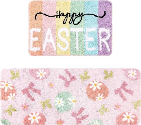 2 Pcs Happy Easter Bathroom Rugs Set Spring Soft Thick Plush Easter Eggs Bath Mat Non-Slip Washable Absorbent Pink Bow Bath Mat for Spring Indoor Bathroom Kitchen Decorations 20 x 47 Inch in Saudi Arabia