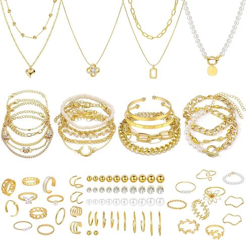 NEWITIN 88 Pieces Gold Jewelry Set for Women Fashion Costume Jewelry Gold Plated Necklace Bracelet Ring Ear Cuff Earrings Set for Women in Saudi Arabia