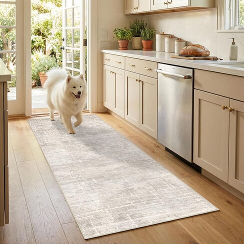 2x10 Washable Hallway Runner Rug - Modern Abstract Neutral Long Carpet with Non-Slip Backing Low-Pile Stain-Resistant Thin Runners for Kitchen Bathroom Bedroom Entryway (2x10, Beige) in Saudi Arabia