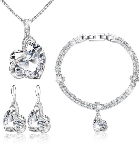 Blissful Heart Crystal Jewelry Sets For Women 18K White Gold Plated Bracelet Necklace and Earrings Sets for Wife Girlfriend or Mothers Idea Gift for Special Women in Life in Saudi Arabia