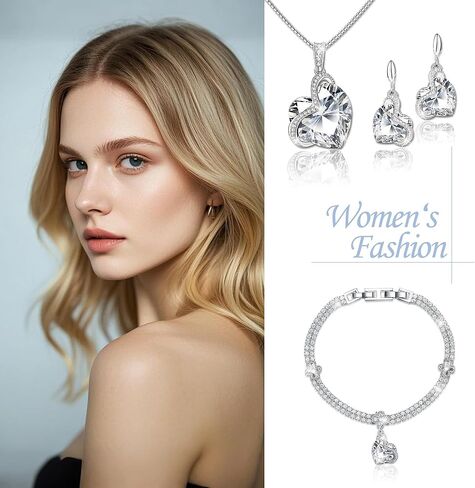 Blissful Heart Crystal Jewelry Sets For Women 18K White Gold Plated Bracelet Necklace and Earrings Sets for Wife Girlfriend or Mothers Idea Gift for Special Women in Life in Saudi Arabia