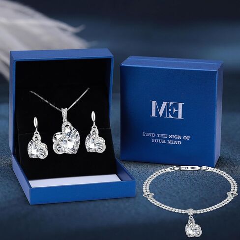Blissful Heart Crystal Jewelry Sets For Women 18K White Gold Plated Bracelet Necklace and Earrings Sets for Wife Girlfriend or Mothers Idea Gift for Special Women in Life in Saudi Arabia