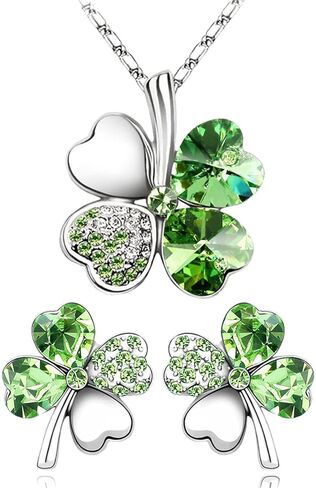 طقم قلادة على شكل قلب محظوظ مكون من أربع أوراق البرسيم وأقراط متدلية مع كريستال سواروفسكي، مطلي بالروديوم عيار 14 قيراط، هدايا مجوهرات للنساء in Kuwait