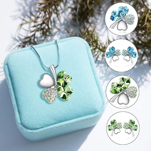 طقم قلادة على شكل قلب محظوظ مكون من أربع أوراق البرسيم وأقراط متدلية مع كريستال سواروفسكي، مطلي بالروديوم عيار 14 قيراط، هدايا مجوهرات للنساء in Kuwait