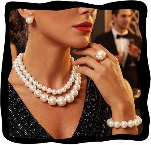 Aukmla Pearl Jewelry Set Gold Pearls Choker Necklaces and Earring Bracelet Ring Set Layered Wedding Costume Jewelry for Brides and Women in Saudi Arabia
