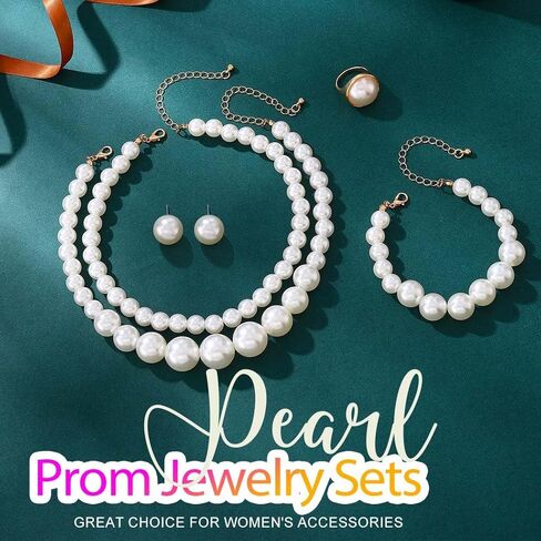 Aukmla Pearl Jewelry Set Gold Pearls Choker Necklaces and Earring Bracelet Ring Set Layered Wedding Costume Jewelry for Brides and Women in Saudi Arabia