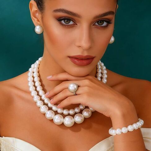 Aukmla Pearl Jewelry Set Gold Pearls Choker Necklaces and Earring Bracelet Ring Set Layered Wedding Costume Jewelry for Brides and Women in Saudi Arabia