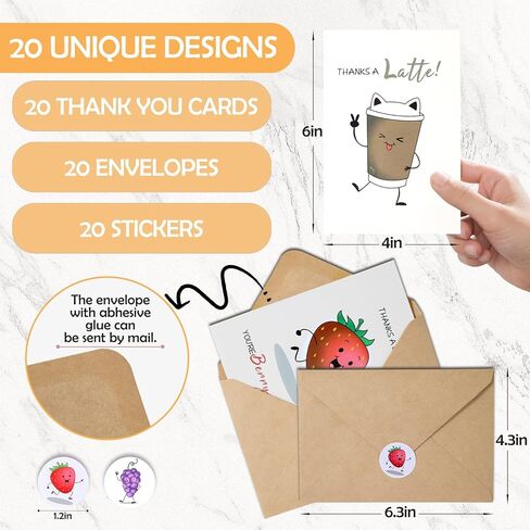 Premium Funny Thank You Cards Set of 20, 4x6 INCH Unique Teacher Appreciation Cards with Envelopes, Cute Notes for Kids Student, Blank Notecards with Envelopes & Matching Stickers, Graduation Gift in Kuwait