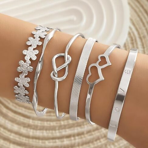 Bangle Bracelet for Women, 6 Pcs Layer Stackable Cuff Bracelet Set, 14K Silvery Plated Dainty Layered Chain (Silvery) in Saudi Arabia