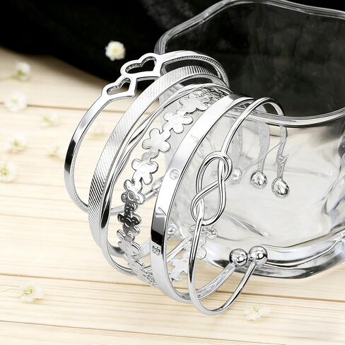 Bangle Bracelet for Women, 6 Pcs Layer Stackable Cuff Bracelet Set, 14K Silvery Plated Dainty Layered Chain (Silvery) in Saudi Arabia