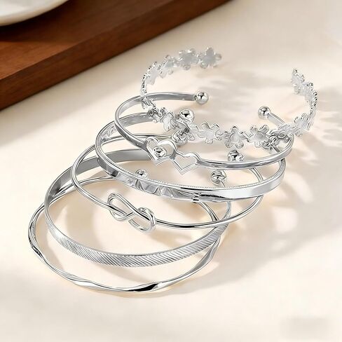 Bangle Bracelet for Women, 6 Pcs Layer Stackable Cuff Bracelet Set, 14K Silvery Plated Dainty Layered Chain (Silvery) in Saudi Arabia