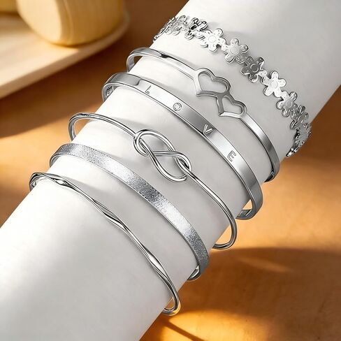 Bangle Bracelet for Women, 6 Pcs Layer Stackable Cuff Bracelet Set, 14K Silvery Plated Dainty Layered Chain (Silvery) in Saudi Arabia