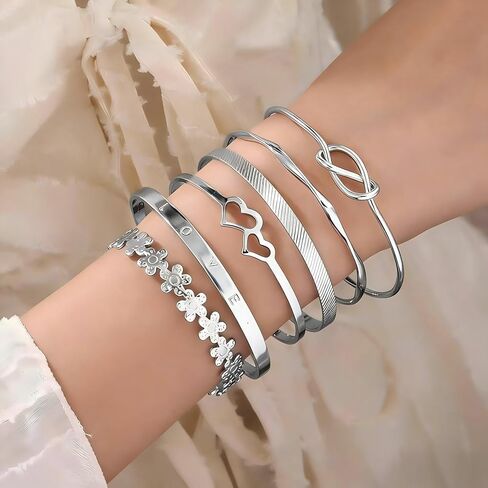 Bangle Bracelet for Women, 6 Pcs Layer Stackable Cuff Bracelet Set, 14K Silvery Plated Dainty Layered Chain (Silvery) in Saudi Arabia