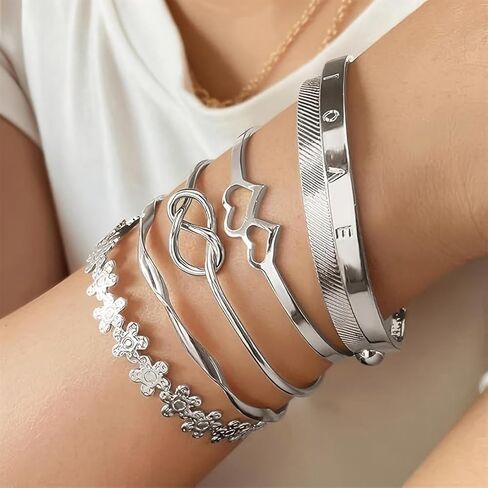 Bangle Bracelet for Women, 6 Pcs Layer Stackable Cuff Bracelet Set, 14K Silvery Plated Dainty Layered Chain (Silvery) in Saudi Arabia