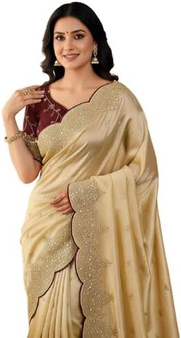 Women's Premium Embroidered Silk Saree With Blouse Piece | Indian Wedding & Party Wear Saree | Designer Border Work Traditional Saree in Saudi Arabia