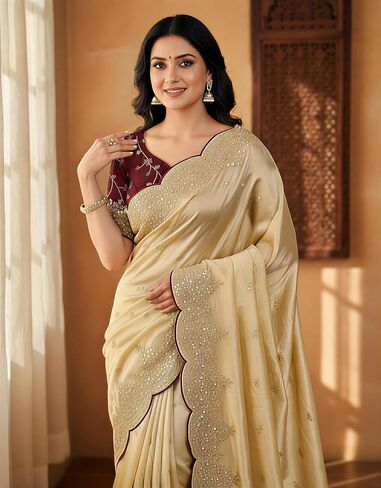 Women's Premium Embroidered Silk Saree With Blouse Piece | Indian Wedding & Party Wear Saree | Designer Border Work Traditional Saree in Saudi Arabia