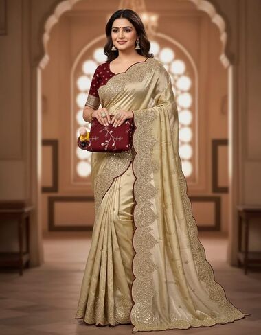 Women's Premium Embroidered Silk Saree With Blouse Piece | Indian Wedding & Party Wear Saree | Designer Border Work Traditional Saree in Saudi Arabia